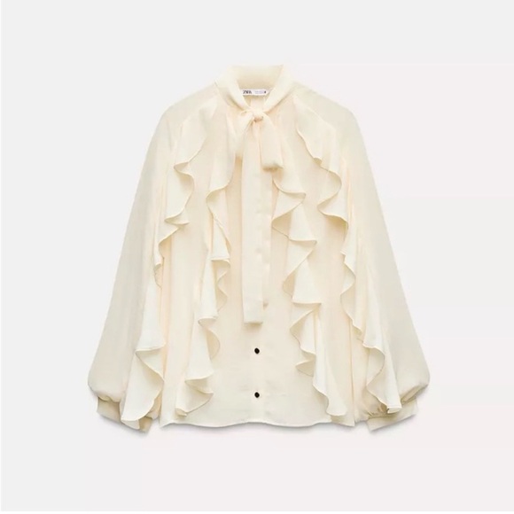 Zara Tops - Zara Cream Ruffle Tie-Neck Blouse